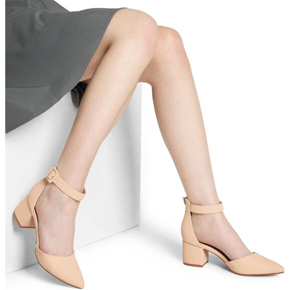 🆕 Women Cream Chunky Closed Toe Low Block Heels Dress Pointed Ankle Strap Pump - Picture 7 of 8